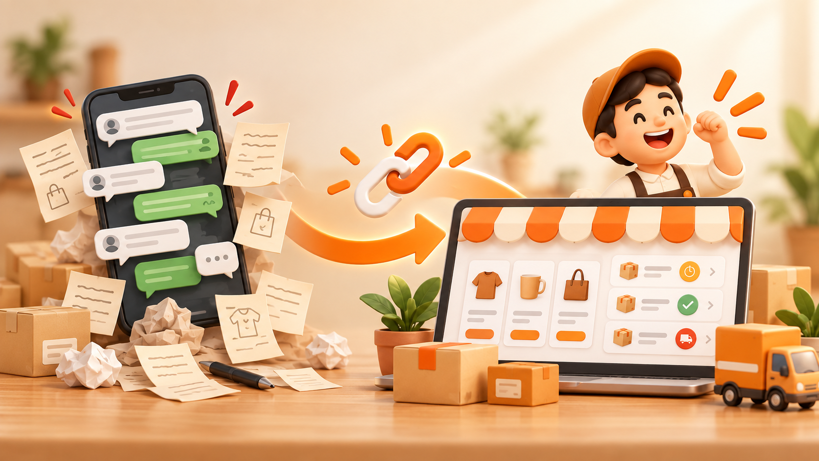 Ilustrasi chat pesanan yang berubah menjadi sistem toko online rapi
